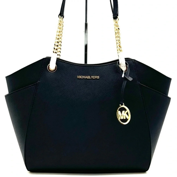 Michael Kors Jet Set Travel Large Chain Shoulder Tote Bag Black/Gold - Picture 2 of 12